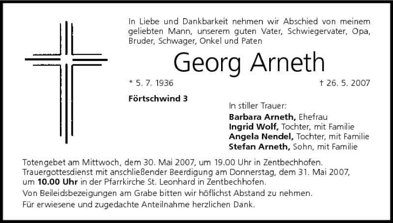  Traueranzeige für Georg Arneth vom 29.05.2007 aus MGO