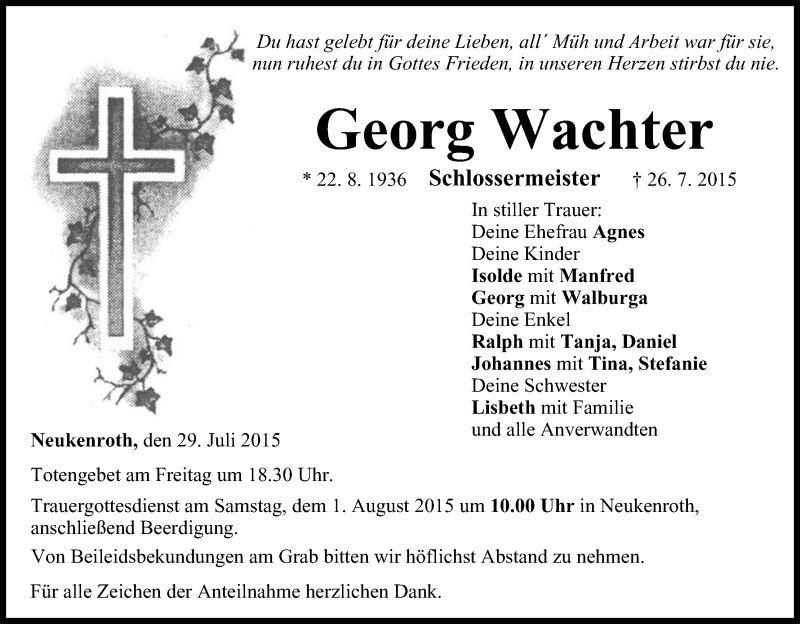  Traueranzeige für Georg Wachter vom 29.07.2015 aus MGO
