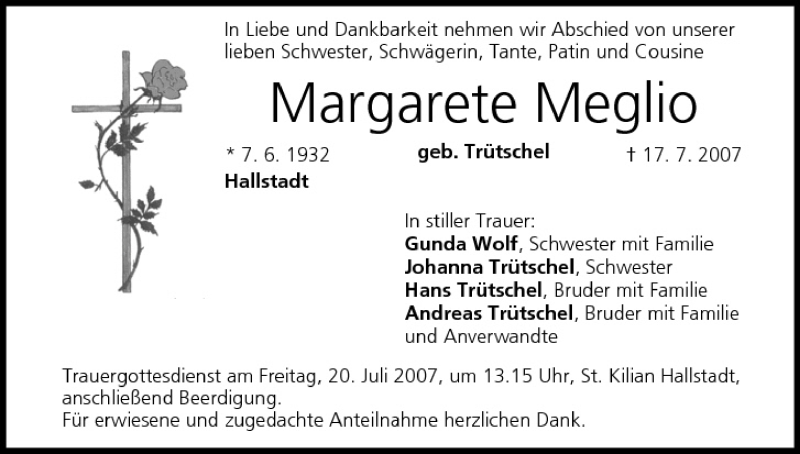  Traueranzeige für Margarete Meglio vom 19.07.2007 aus MGO