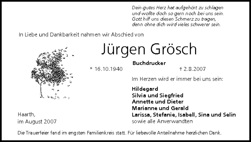  Traueranzeige für Jürgen Grösch vom 11.08.2007 aus MGO