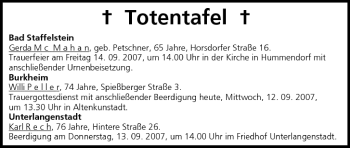 Anzeige von Totentafel vom 12.09.2007 von MGO
