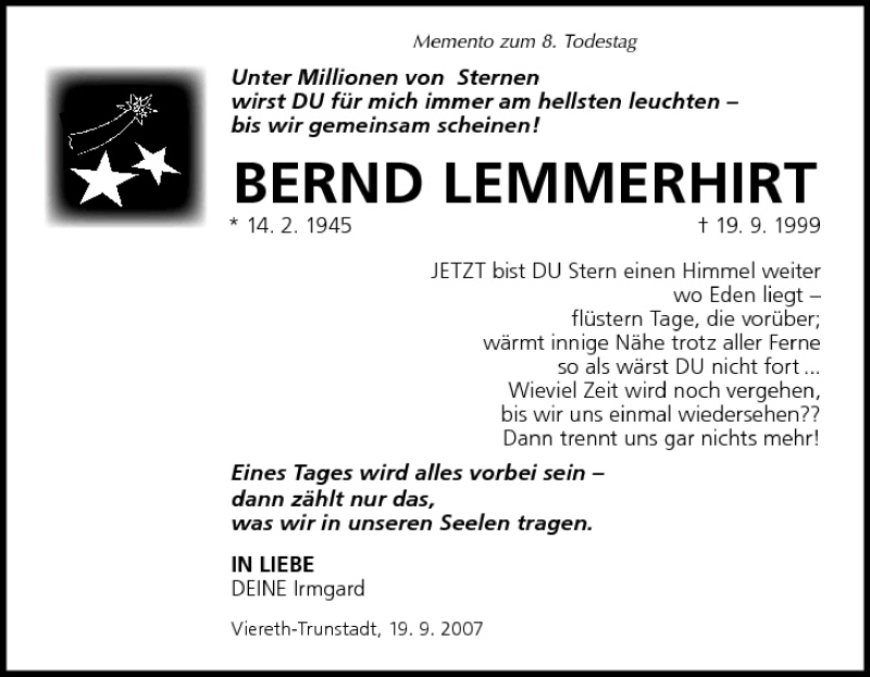  Traueranzeige für Bernd Lemmerhirt vom 19.09.2007 aus MGO