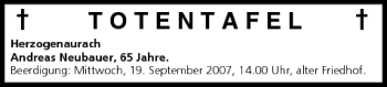 Anzeige von Totentafel vom 18.09.2007 von MGO