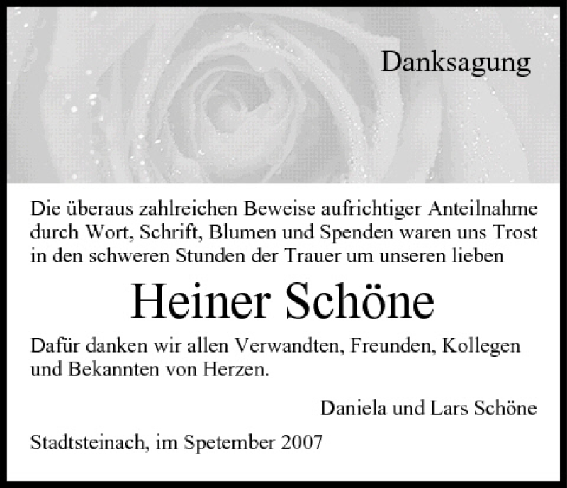 Heiner Schone Traueranzeige Trauer Infranken De