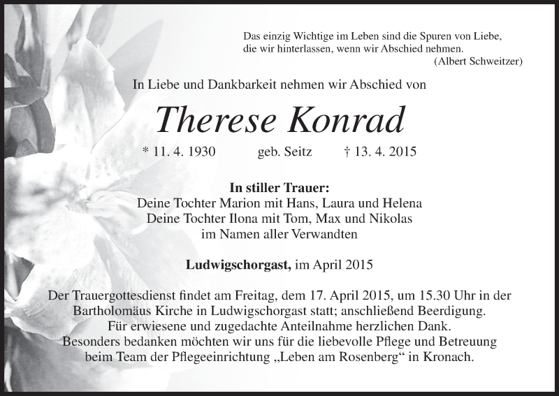  Traueranzeige für Therese Konrad vom 15.04.2015 aus MGO