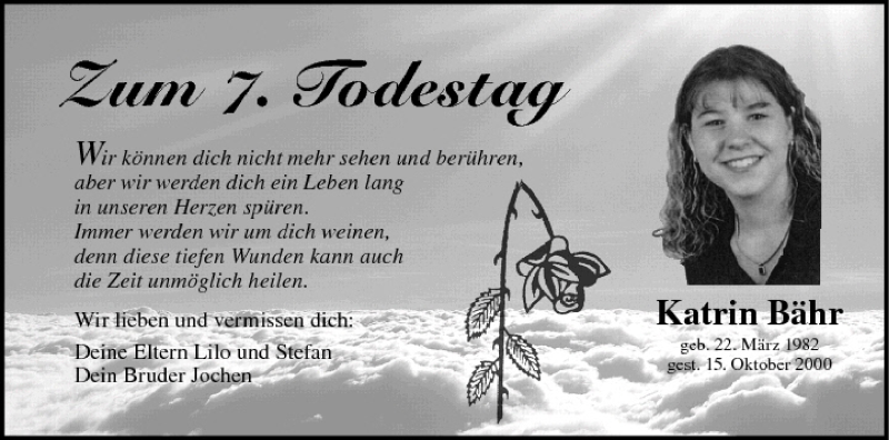  Traueranzeige für Katrin Bähr vom 15.10.2007 aus MGO