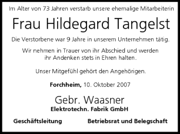 Anzeige von Hildegard Tangelst von MGO
