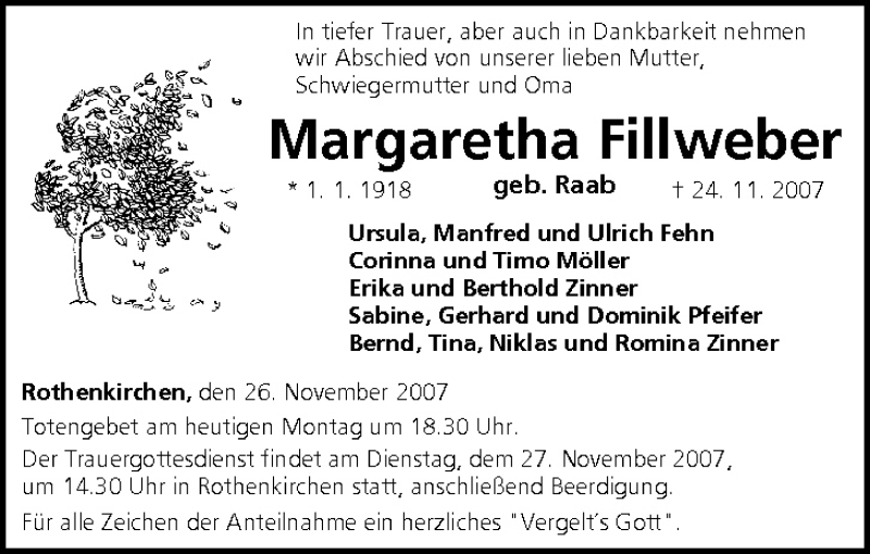  Traueranzeige für Margaretha Fillweber vom 26.11.2007 aus MGO
