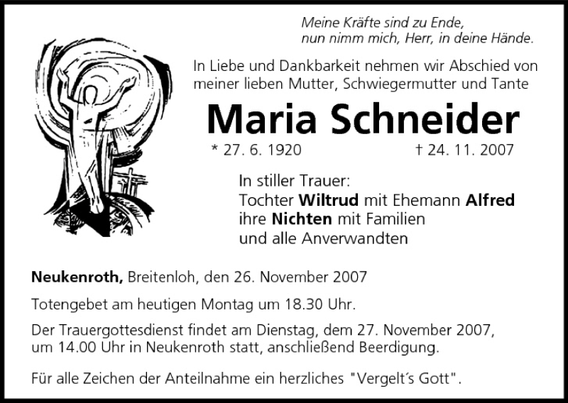  Traueranzeige für Maria Schneider vom 26.11.2007 aus MGO