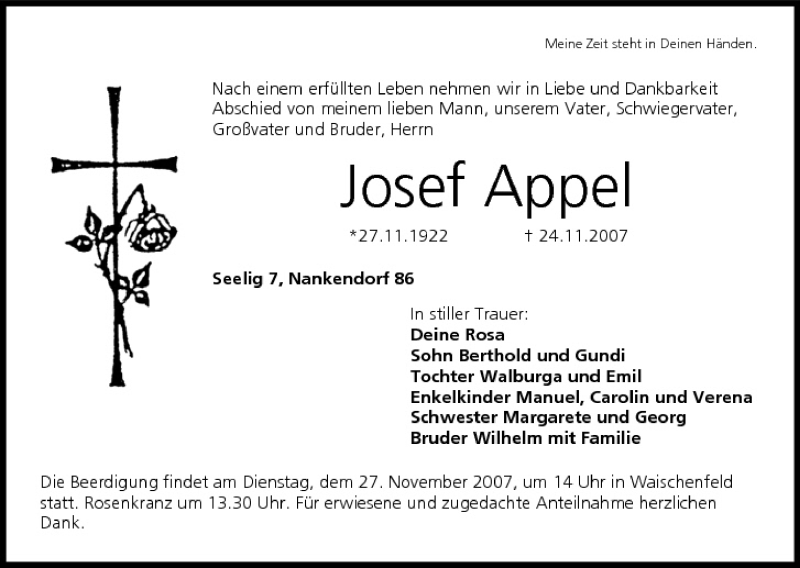  Traueranzeige für Josef Appel vom 26.11.2007 aus MGO