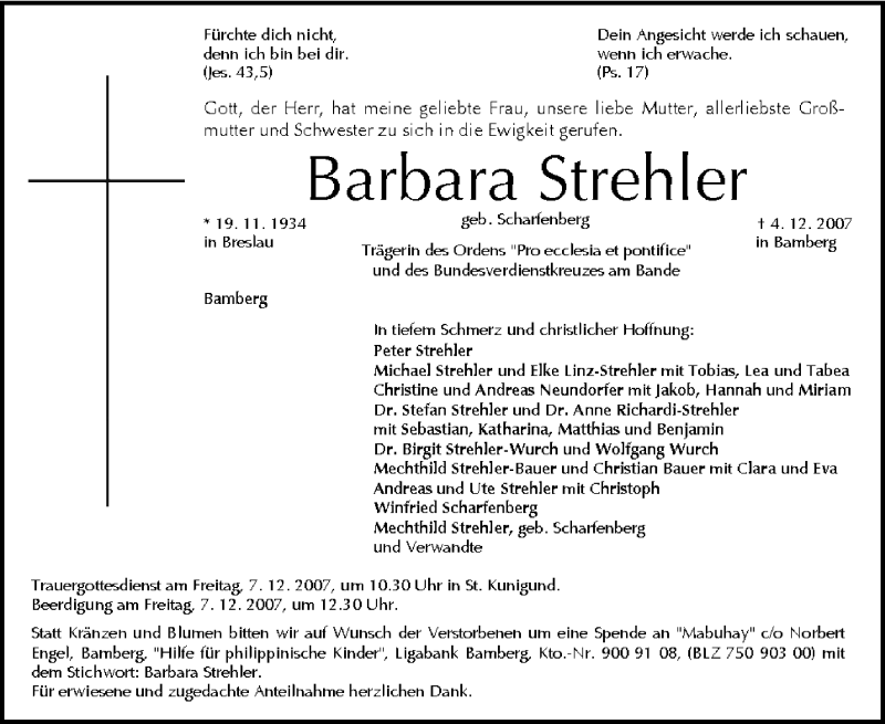  Traueranzeige für Barbara Strehler vom 05.12.2007 aus MGO