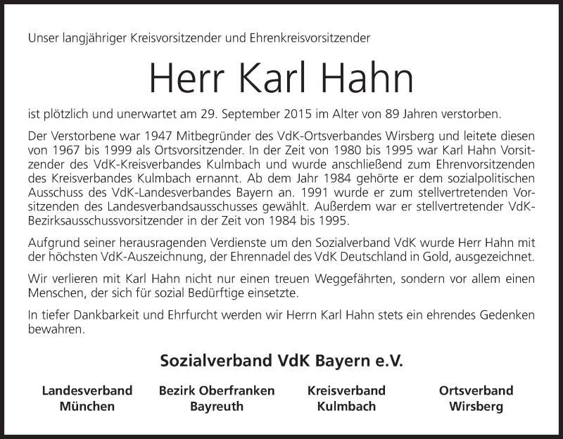  Traueranzeige für Karl Hahn vom 02.10.2015 aus MGO