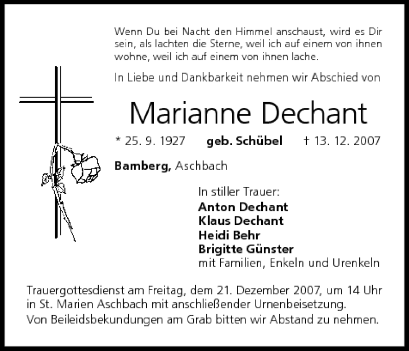  Traueranzeige für Marianne Dechant vom 19.12.2007 aus MGO