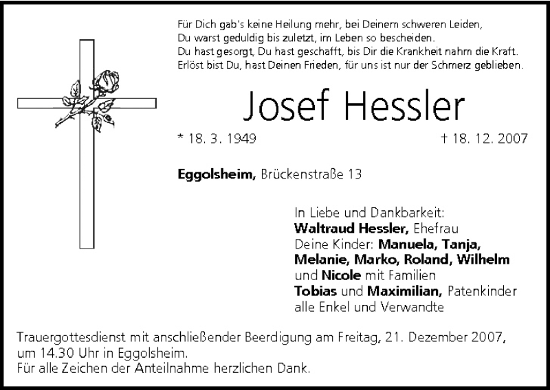  Traueranzeige für Josef Hessler vom 20.12.2007 aus MGO
