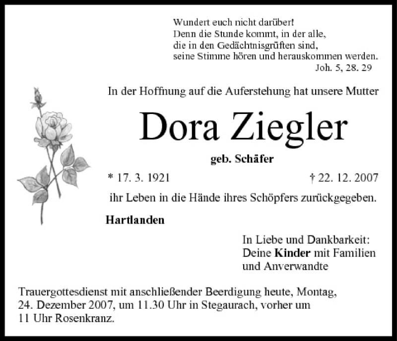  Traueranzeige für Dora Ziegler vom 24.12.2007 aus MGO