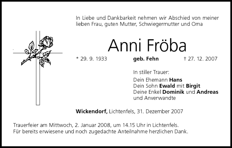  Traueranzeige für Anni Fröba vom 31.12.2007 aus MGO