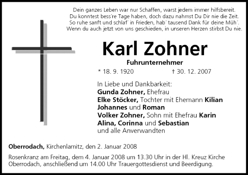  Traueranzeige für Karl Zohner vom 02.01.2008 aus MGO