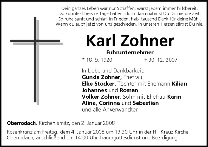  Traueranzeige für Karl Zohner vom 02.01.2008 aus MGO