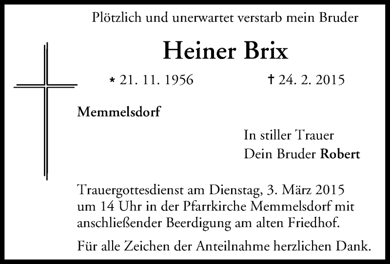 Traueranzeige für Heiner Brix vom 28.02.2015 aus MGO