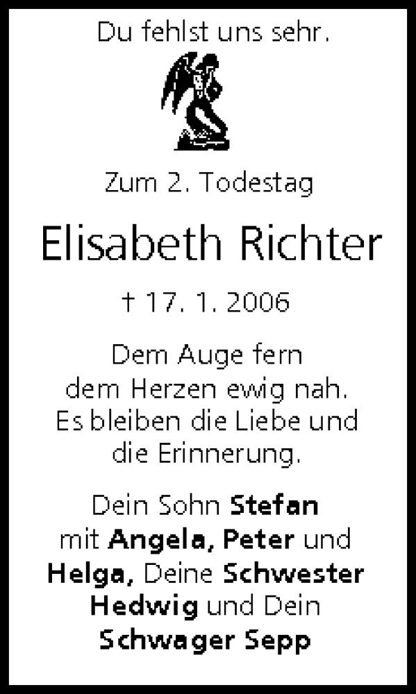  Traueranzeige für Elisabeth Richter vom 17.01.2008 aus MGO