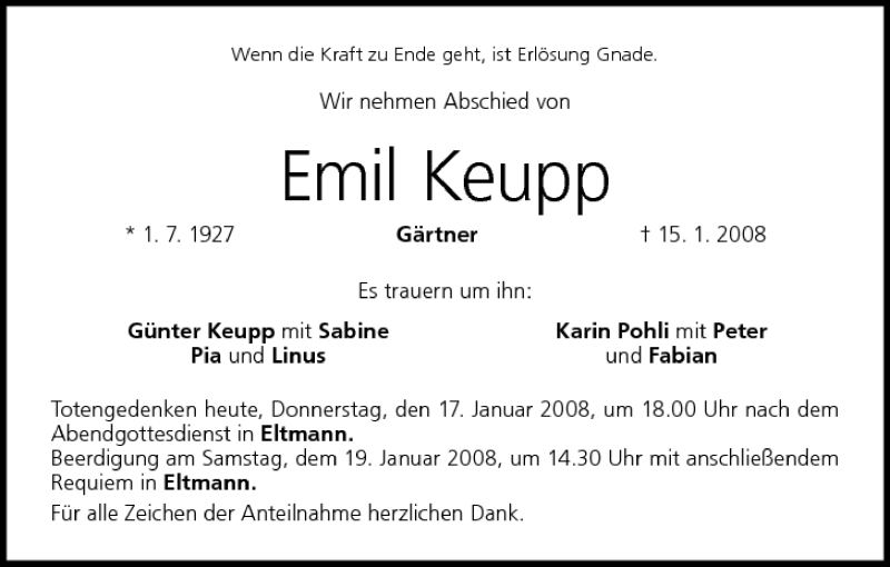  Traueranzeige für Emil Keupp vom 17.01.2008 aus MGO