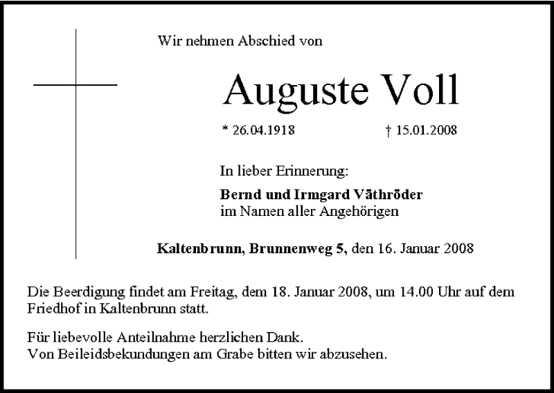  Traueranzeige für Auguste Voll vom 16.01.2008 aus MGO