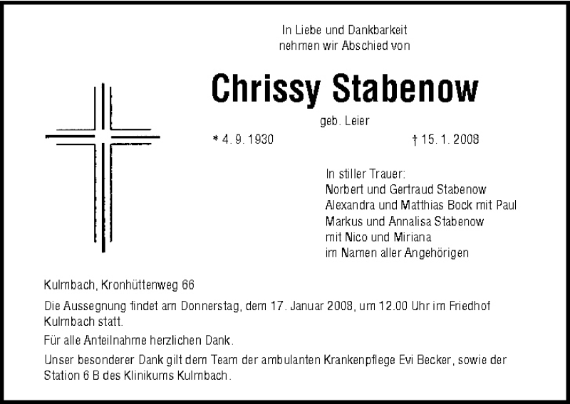  Traueranzeige für Chrissy Stabenow vom 16.01.2008 aus MGO