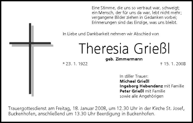  Traueranzeige für Theresia Grießl vom 17.01.2008 aus MGO