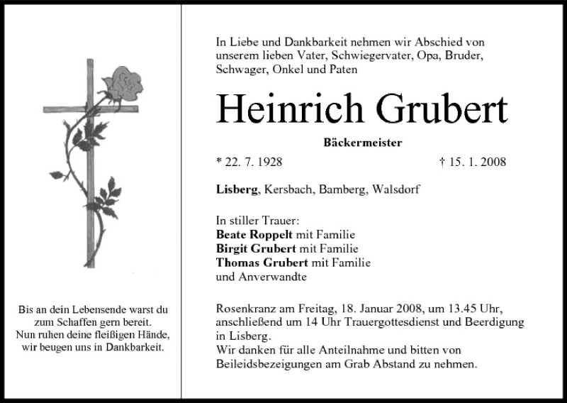  Traueranzeige für Heinrich Grubert vom 17.01.2008 aus MGO