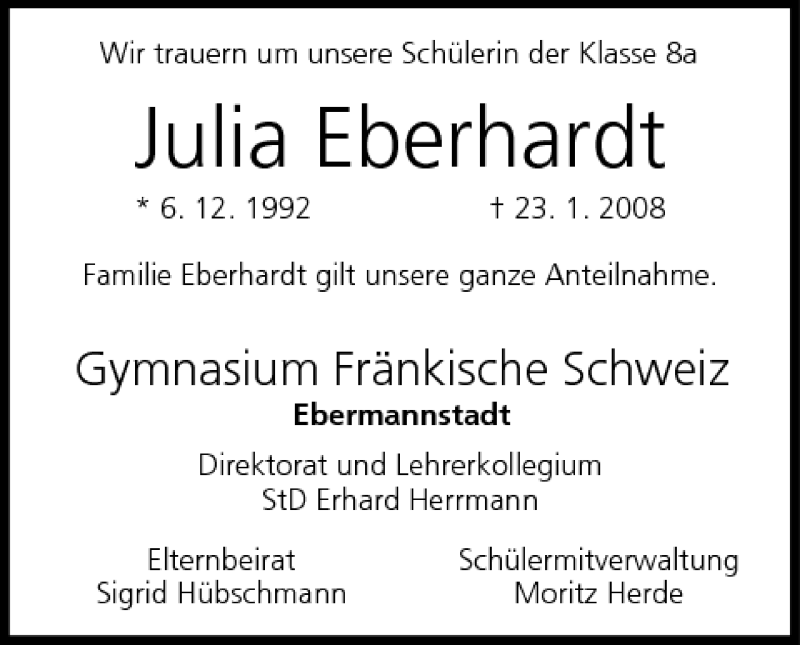  Traueranzeige für Julia Eberhardt vom 28.01.2008 aus MGO