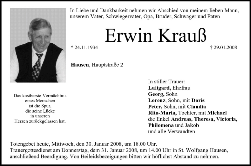  Traueranzeige für Erwin Krauß vom 30.01.2008 aus MGO