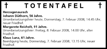 Anzeige von Totentafel vom 07.02.2008 von MGO