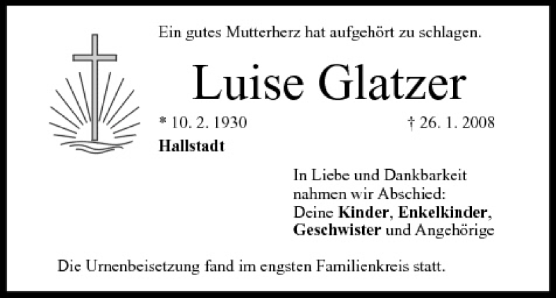  Traueranzeige für Luise Glatzer vom 09.02.2008 aus MGO