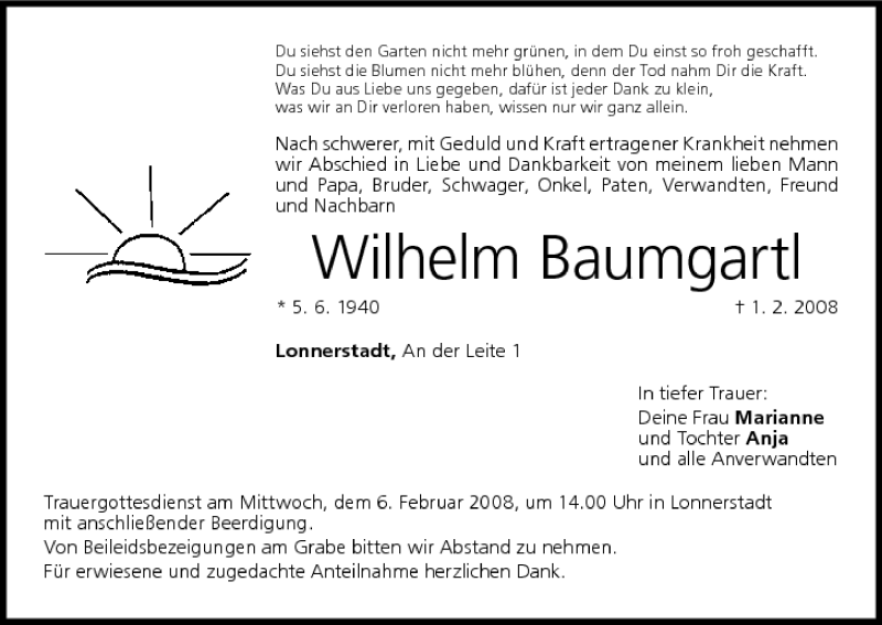  Traueranzeige für Wilhelm Baumgartl vom 04.02.2008 aus MGO