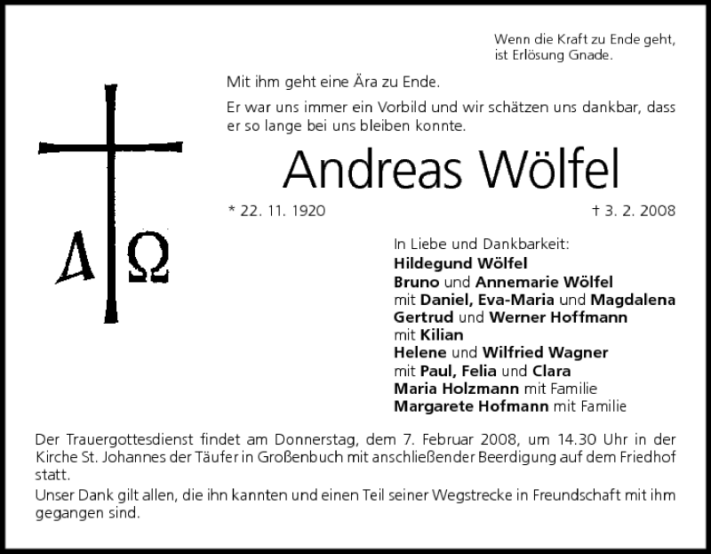  Traueranzeige für Andreas Wölfel vom 05.02.2008 aus MGO