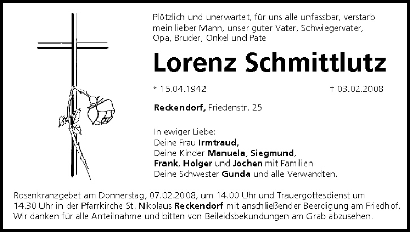  Traueranzeige für Lorenz Schmittlutz vom 05.02.2008 aus MGO