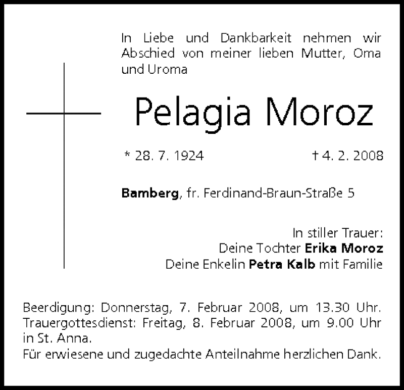  Traueranzeige für Pelagia Moroz vom 06.02.2008 aus MGO