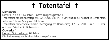Anzeige von Totentafel vom 06.02.2008 von MGO