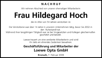 Anzeige von Hildegard Hoch von MGO