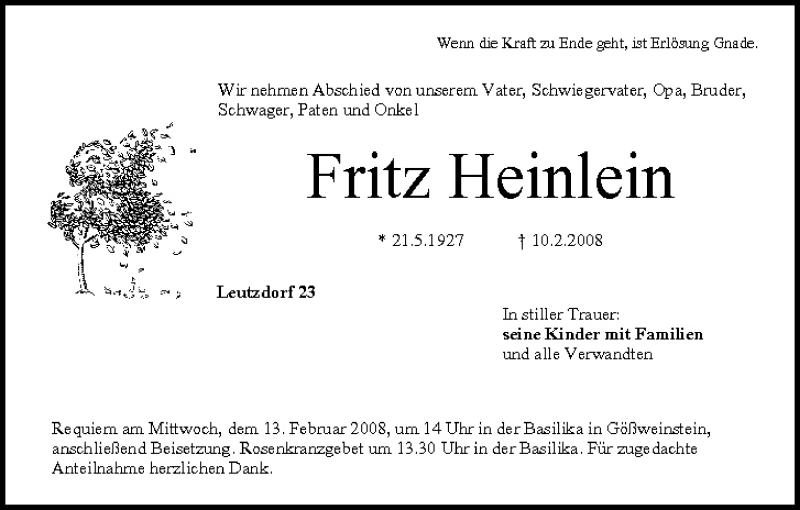  Traueranzeige für Fritz Heinlein vom 12.02.2008 aus MGO