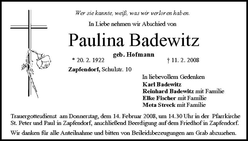  Traueranzeige für Paulina Badewitz vom 13.02.2008 aus MGO
