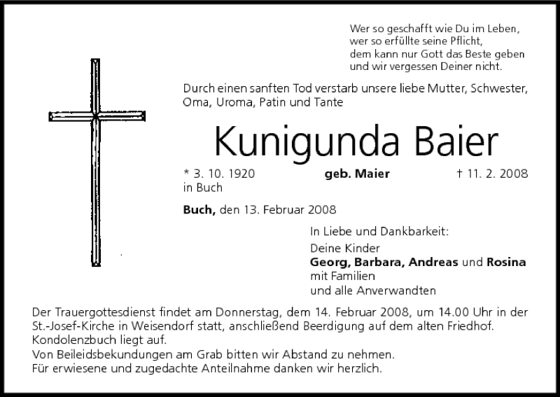  Traueranzeige für Kunigunda Baier vom 13.02.2008 aus MGO