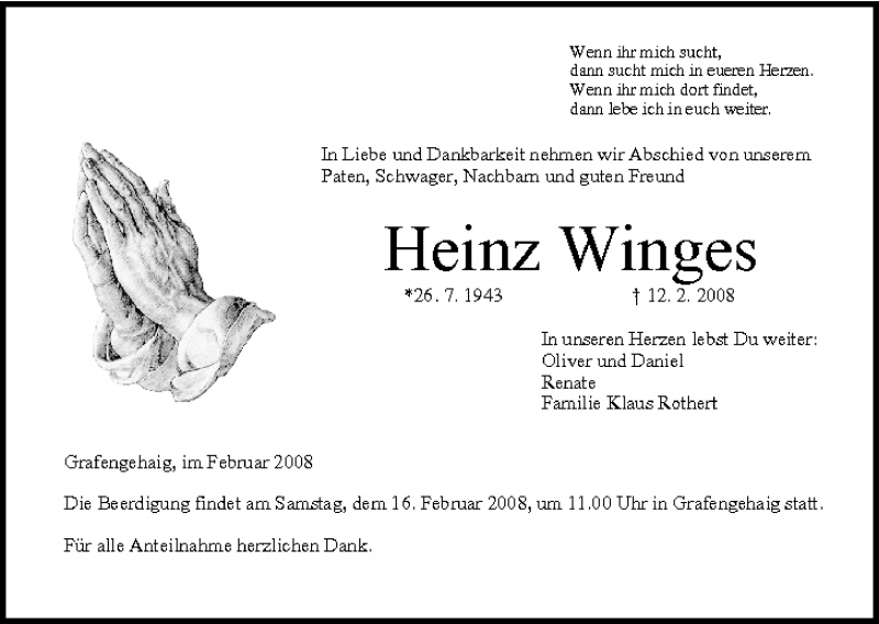  Traueranzeige für Heinz Winges vom 14.02.2008 aus MGO