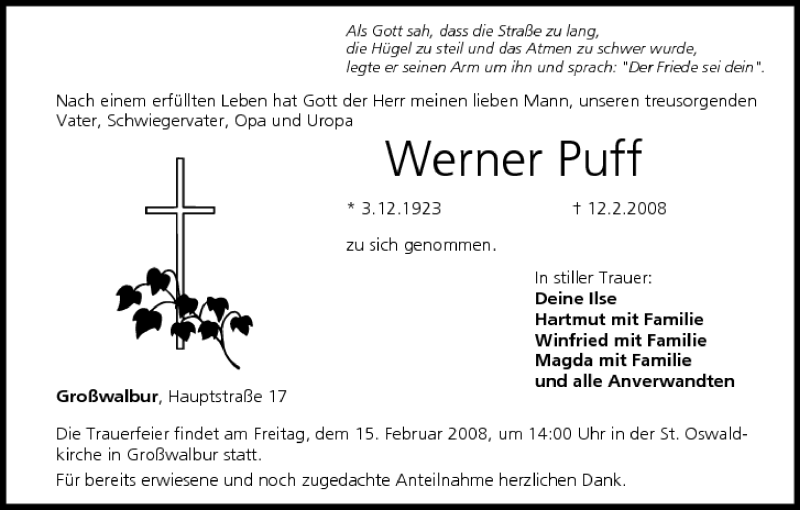  Traueranzeige für Werner Puff vom 14.02.2008 aus MGO