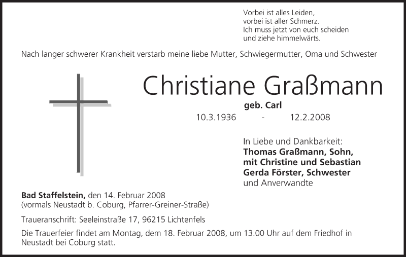  Traueranzeige für Christiane Graßmann vom 14.02.2008 aus MGO