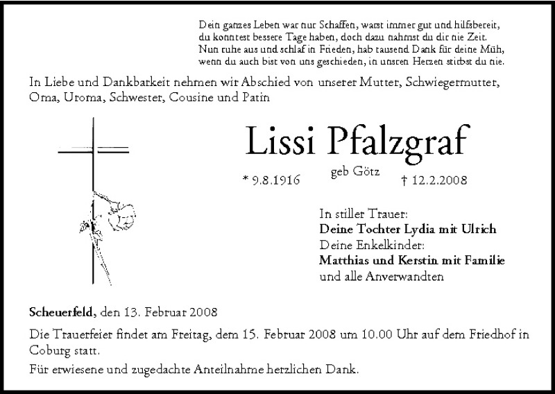  Traueranzeige für Lissi Pfalzgraf vom 14.02.2008 aus MGO