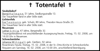 Anzeige von Totentafel vom 15.02.2008 von MGO