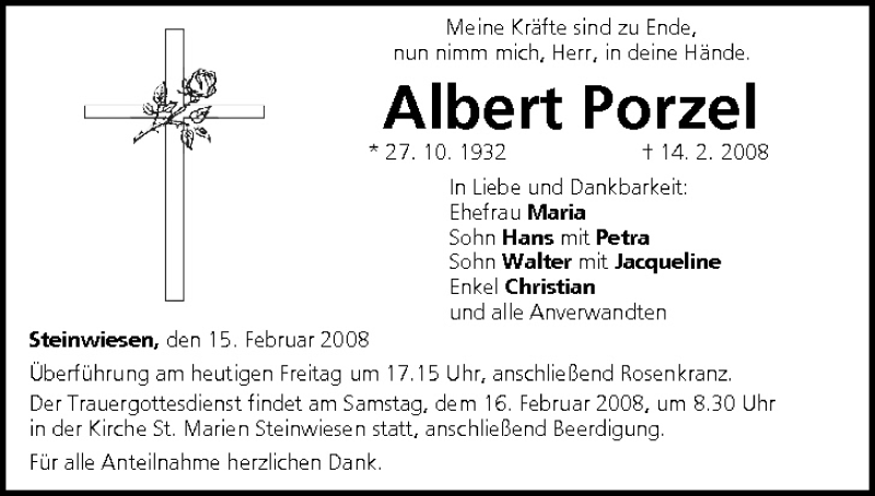  Traueranzeige für Albert Porzel vom 15.02.2008 aus MGO