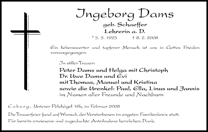  Traueranzeige für Ingeborg Dams vom 15.02.2008 aus MGO