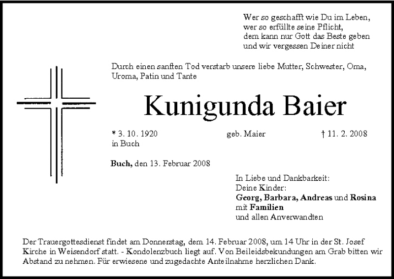  Traueranzeige für Kunigunda Baier vom 15.02.2008 aus MGO